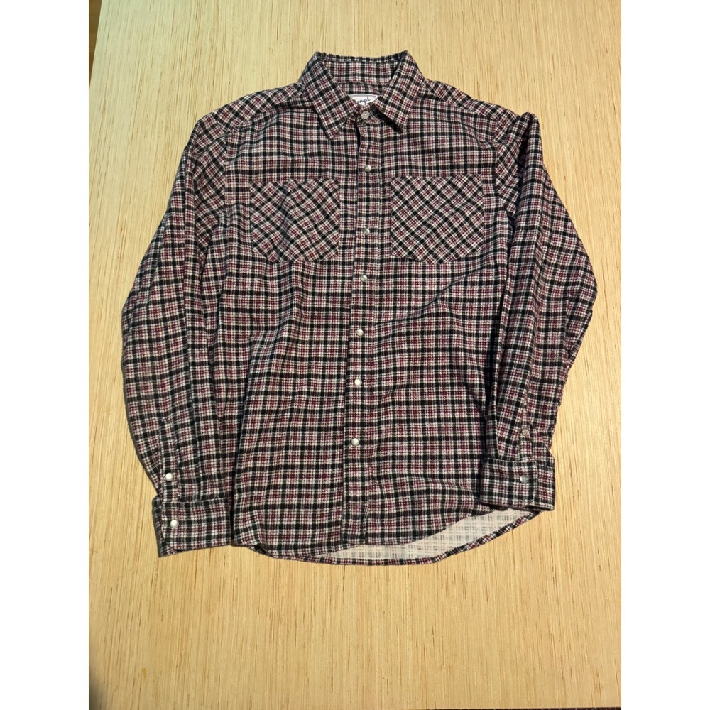 Haband Casual Joe Mens Small Flannel Shirt Plaid Long Sleeve Burgundy Black 32